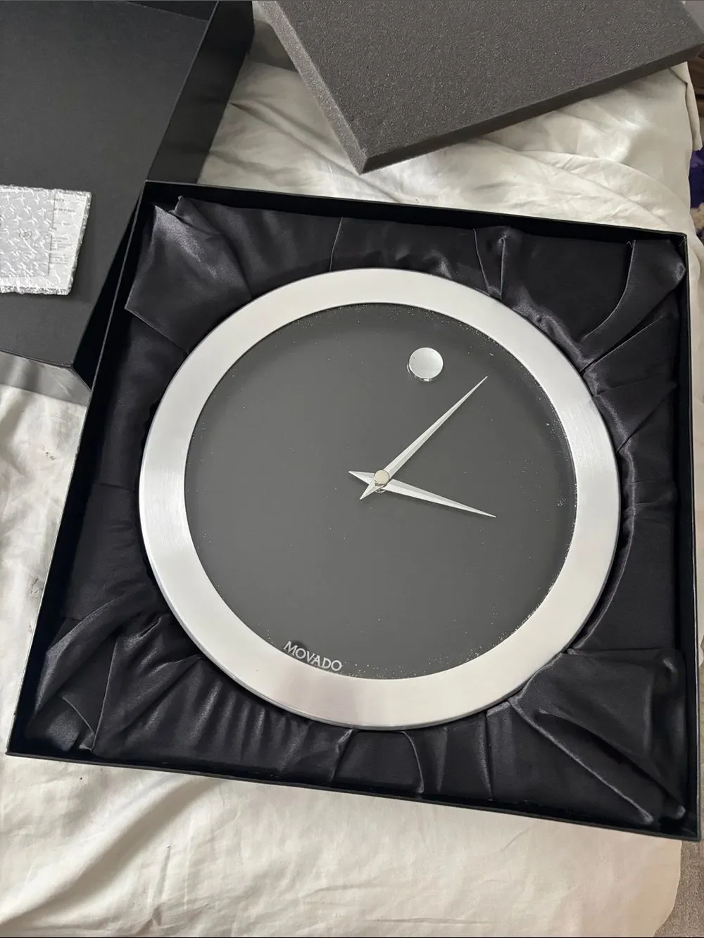 Movado Black Dial Wall Clock with Silver Rim original box with padding